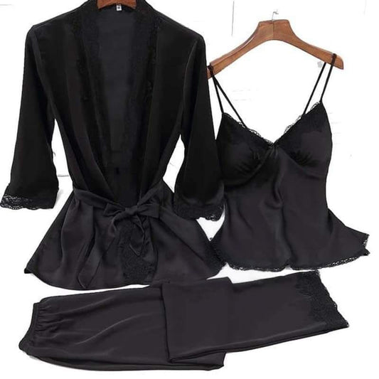 Luxury Satin Silk 3-Piece Nightwear Set – Robe, Cami Top & Pajama Trouser