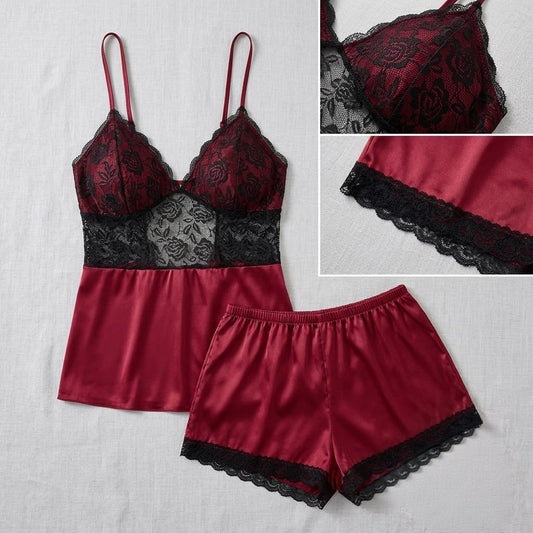 Sensual Satin Silk Cami & Shorts Set with Floral Lace Trim