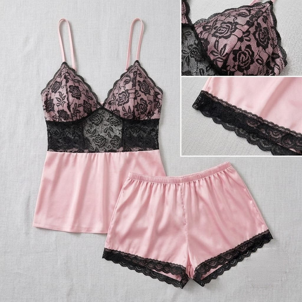 Sensual Satin Silk Cami & Shorts Set with Floral Lace Trim