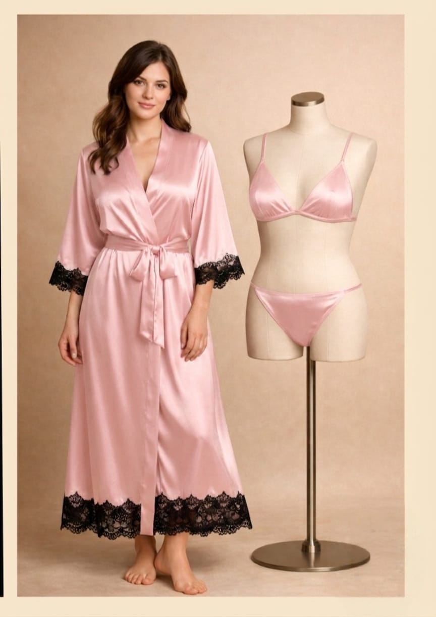 Luxury Satin Silk 3-Piece Nightwear Set – Long Gown Robe, Bra & Panty