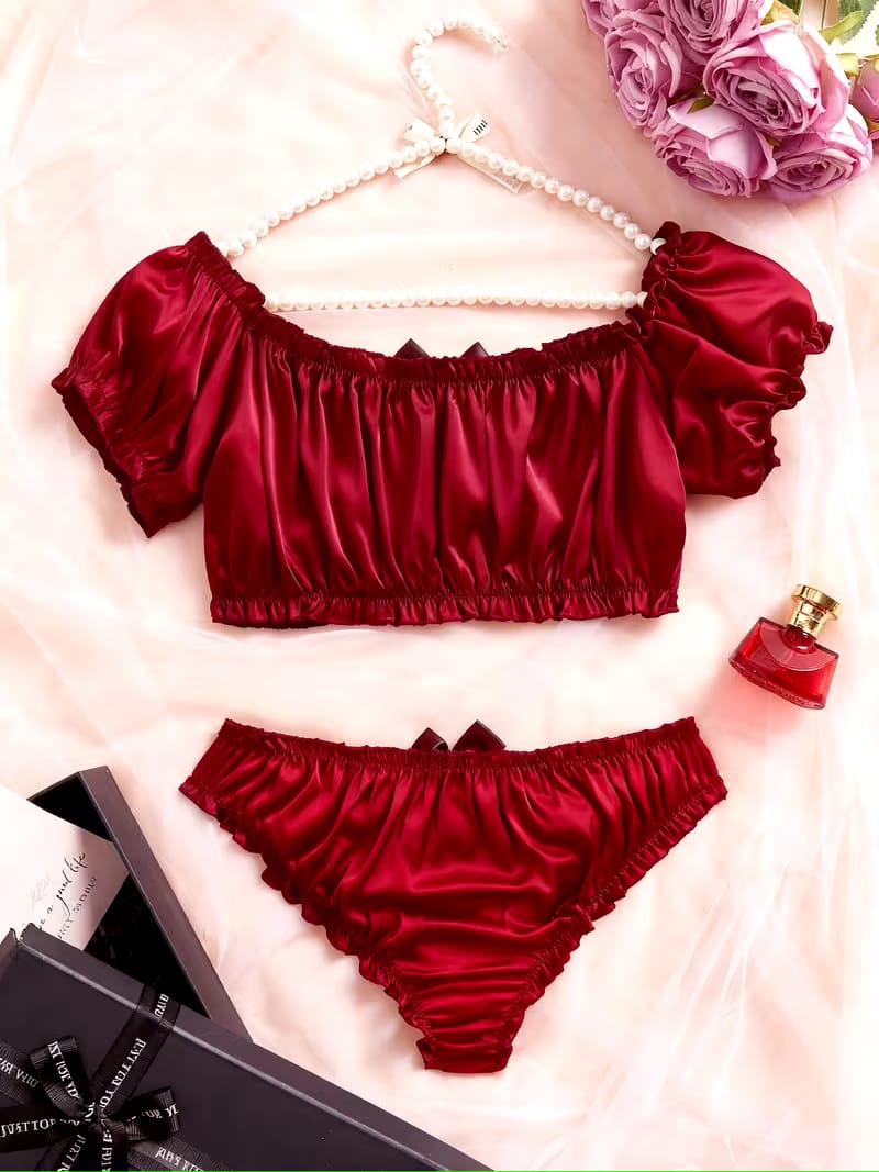 Velvet Rose Satin Silk Off-Shoulder Crop Top & Panty Set