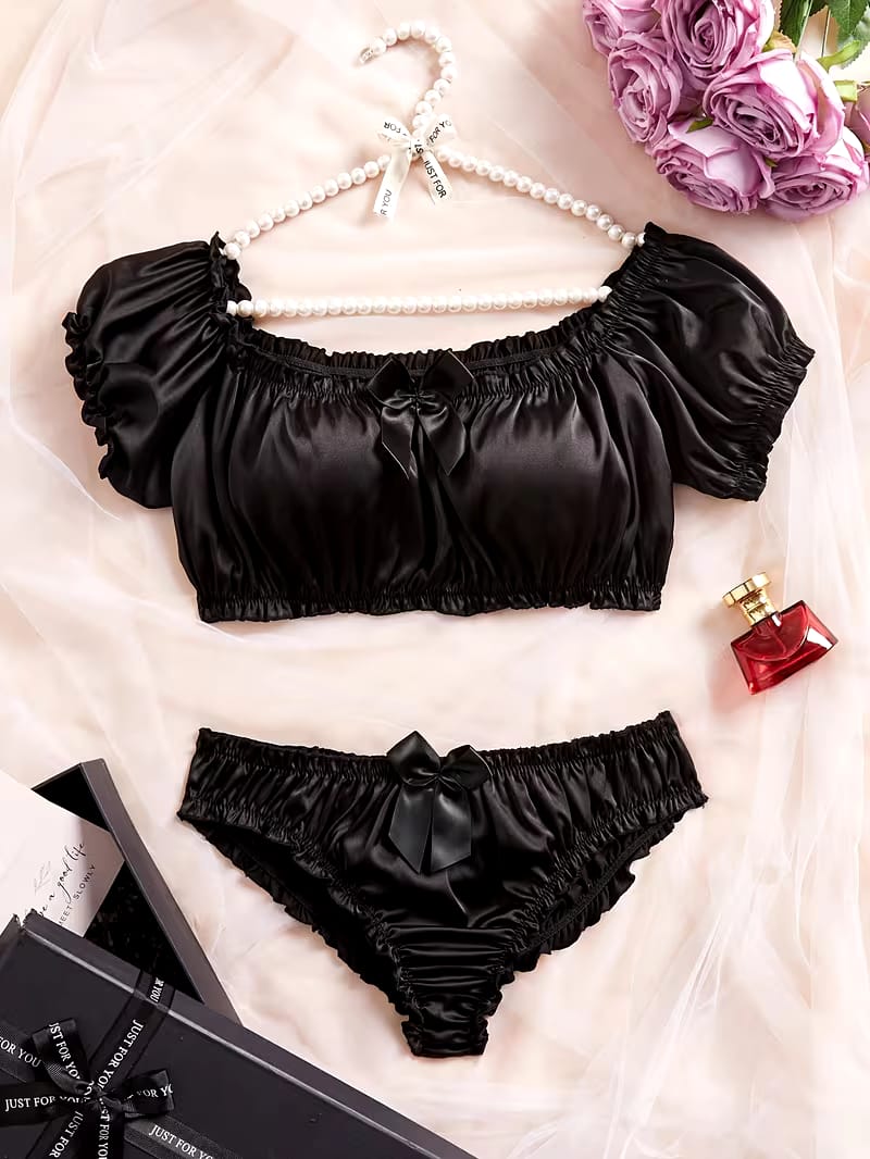 Velvet Rose Satin Silk Off-Shoulder Crop Top & Panty Set