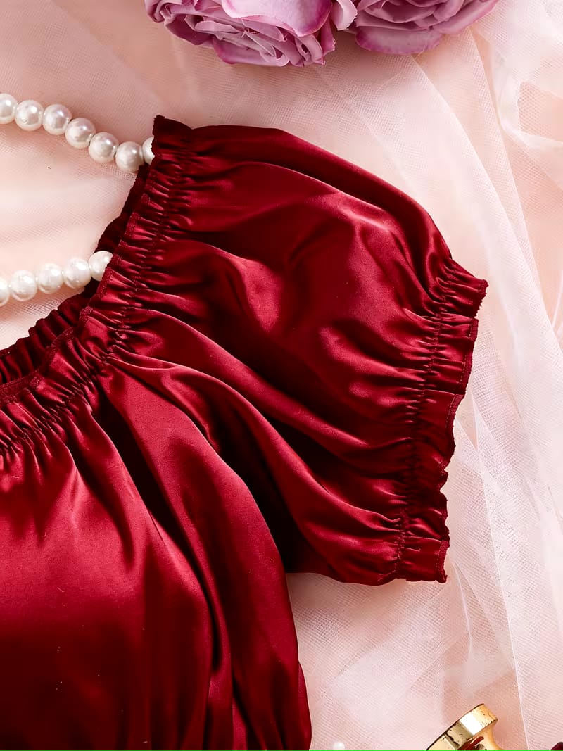 Velvet Rose Satin Silk Off-Shoulder Crop Top & Panty Set