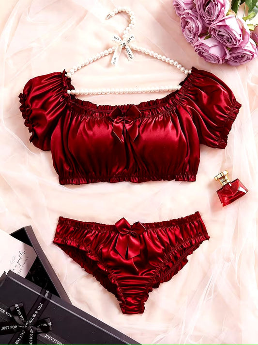 Velvet Rose Satin Silk Off-Shoulder Crop Top & Panty Set
