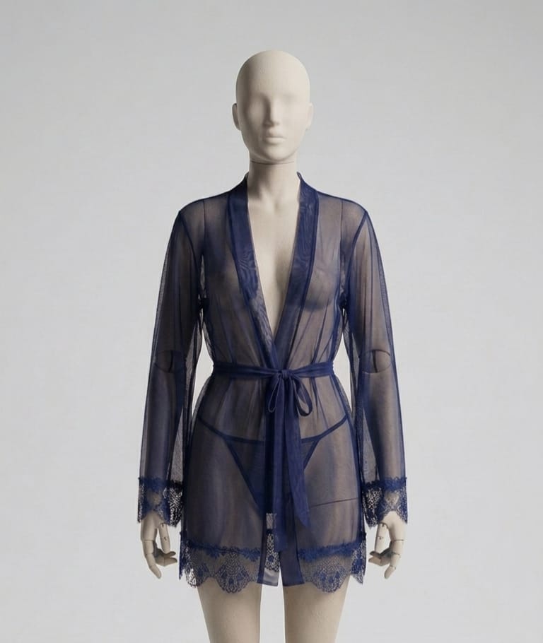 Sheer Soft Net Robe Gown & Panty Lingerie Set with Lace Trim