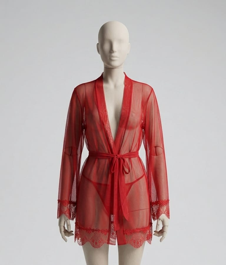 Sheer Soft Net Robe Gown & Panty Lingerie Set with Lace Trim