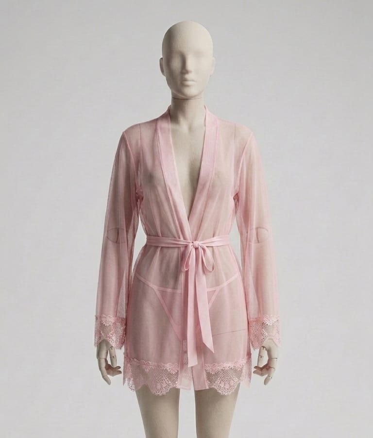 Sheer Soft Net Robe Gown & Panty Lingerie Set with Lace Trim