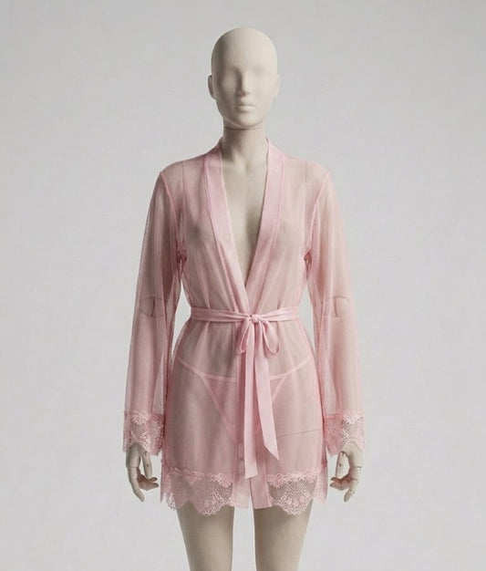 Sheer Soft Net Robe Gown & Panty Lingerie Set with Lace Trim