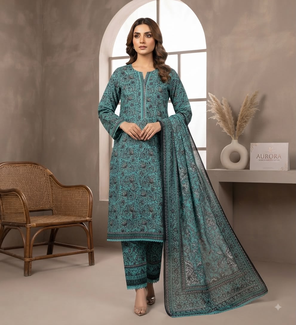 Teal Paisley Printed Pure Lawn 3-Piece Stitched Suit