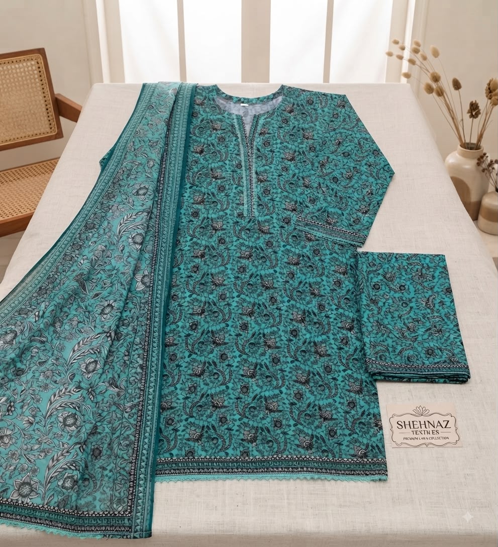 Teal Paisley Printed Pure Lawn 3-Piece Stitched Suit