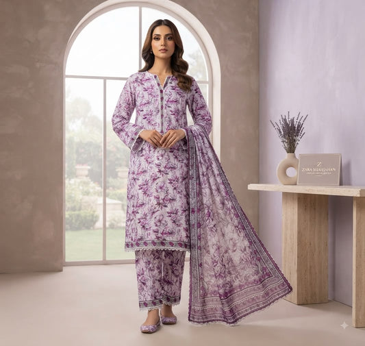 Lilac Bloom Printed Pure Lawn 3-Piece Stitched Suit