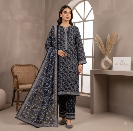 Indigo Geo-Floral Printed Pure Lawn 3-Piece Stitched Suit