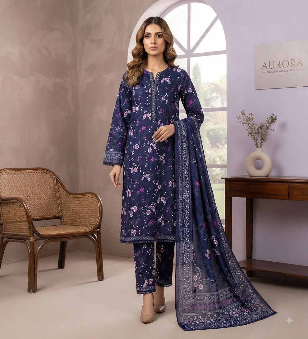 Midnight Floral Printed Pure Lawn 3-Piece Stitched Suit