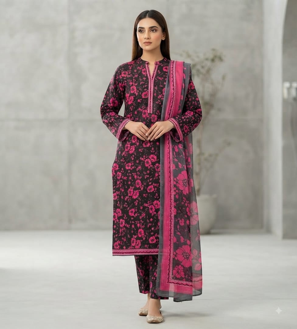 Magenta Bloom Printed Pure Lawn 3-Piece Stitched Suit