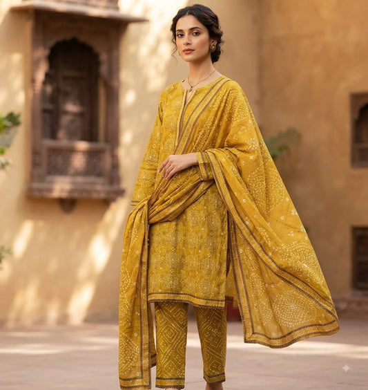 Mustard Bandhani Printed Pure Lawn 3-Piece Stitched Suit
