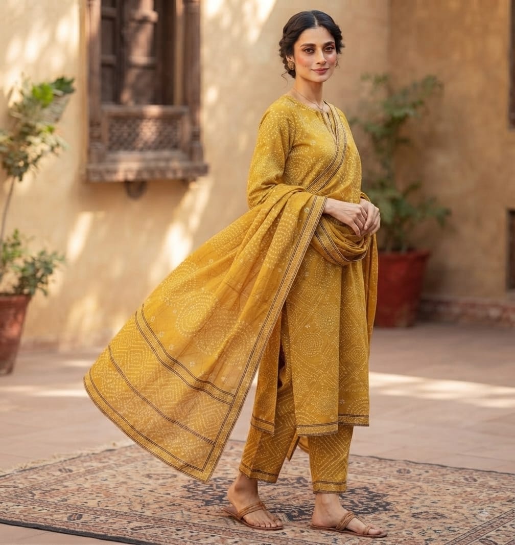 Mustard Bandhani Printed Pure Lawn 3-Piece Stitched Suit