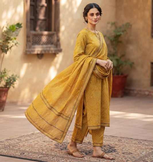 Mustard Bandhani Printed Pure Lawn 3-Piece Stitched Suit