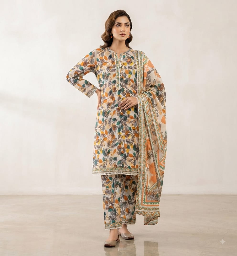 Autumn Leaf Printed Pure Lawn 3-Piece Stitched Suit