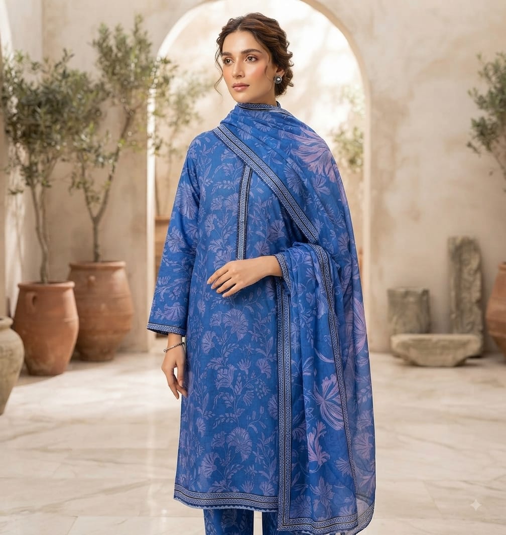Royal Indigo Floral Pure Lawn 3-Piece Stitched Suit
