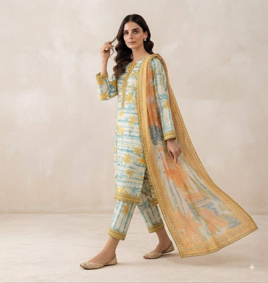 Sunlit Flora Pure Lawn 3-Piece Stitched Suit