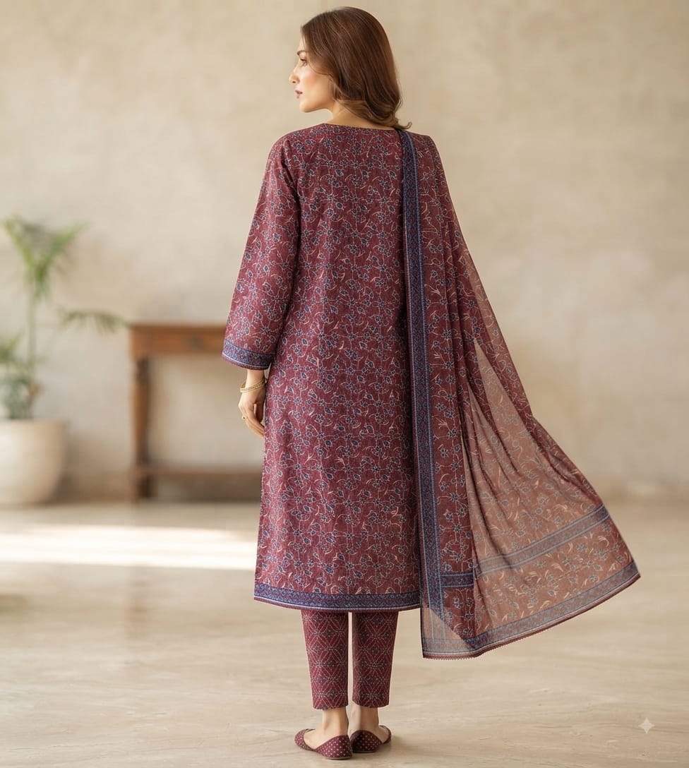 Stitch Lawn Suit – Maroon Floral Print