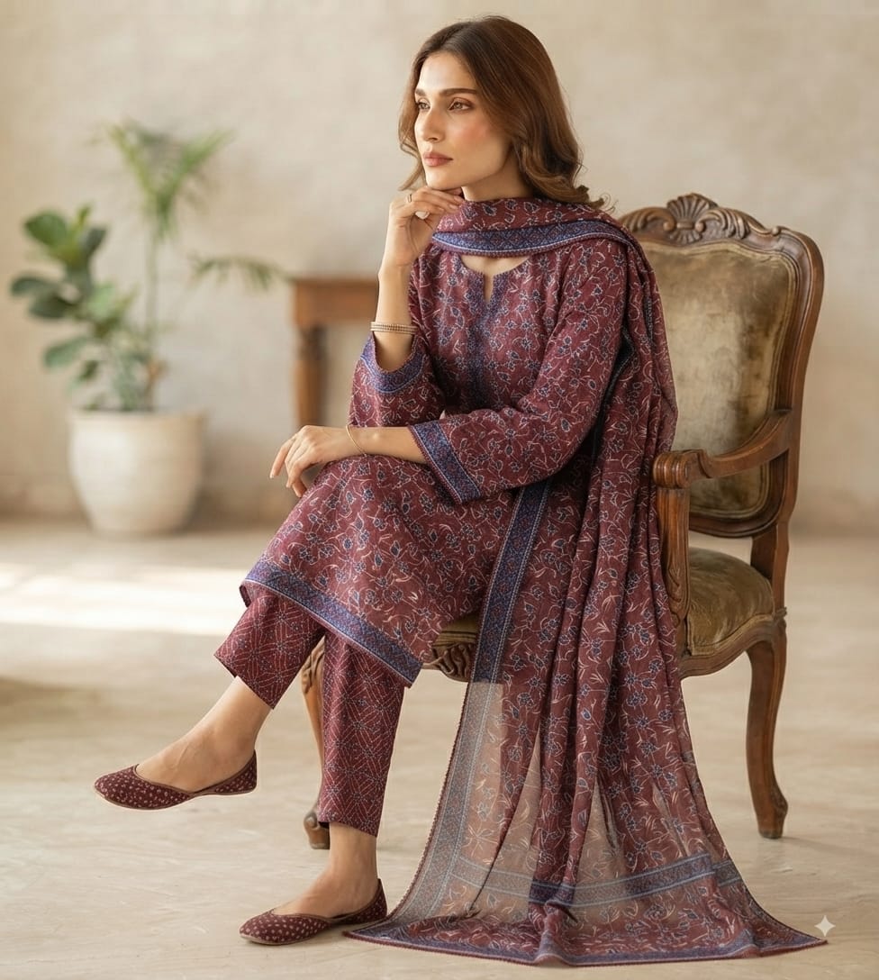 Stitch Lawn Suit – Maroon Floral Print