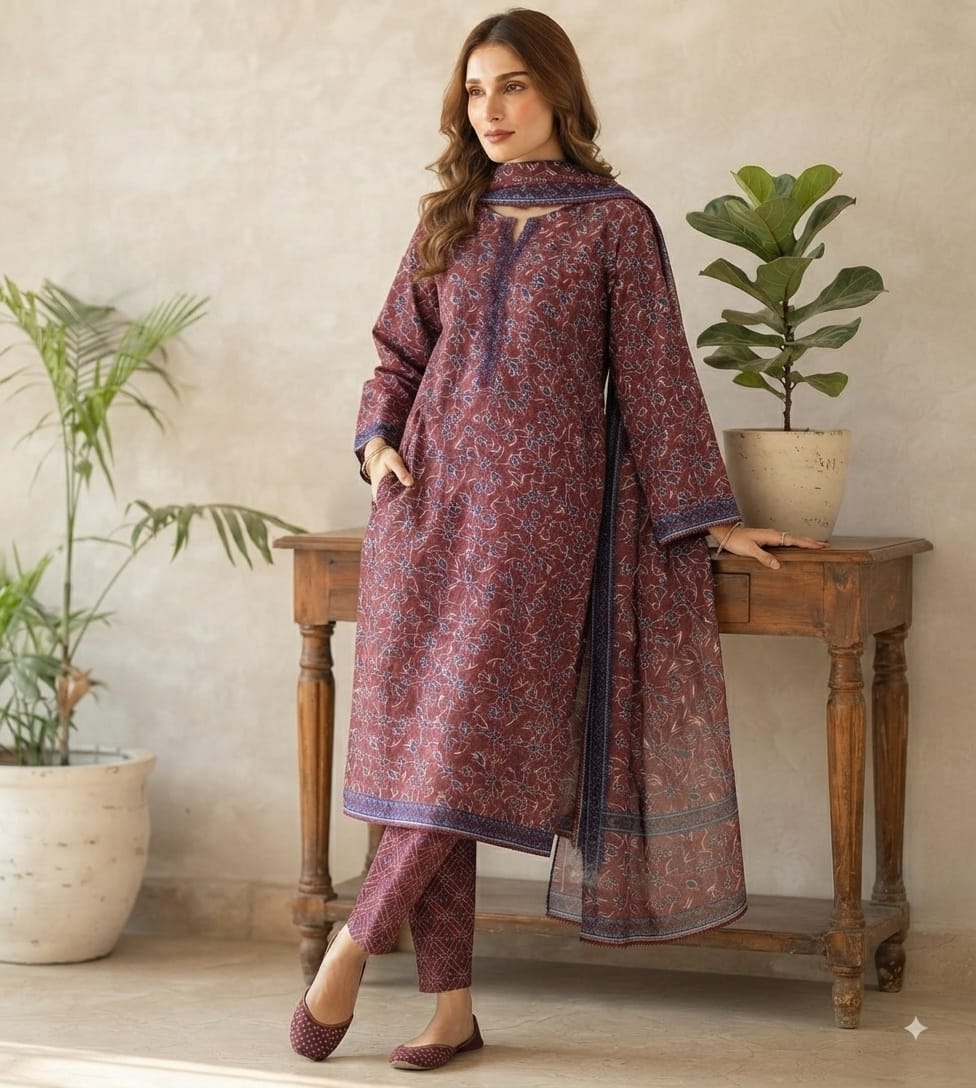 Stitch Lawn Suit – Maroon Floral Print