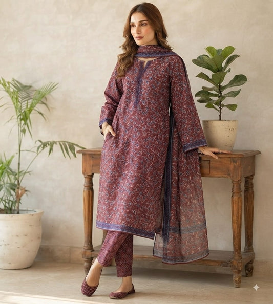 Stitch Lawn Suit – Maroon Floral Print
