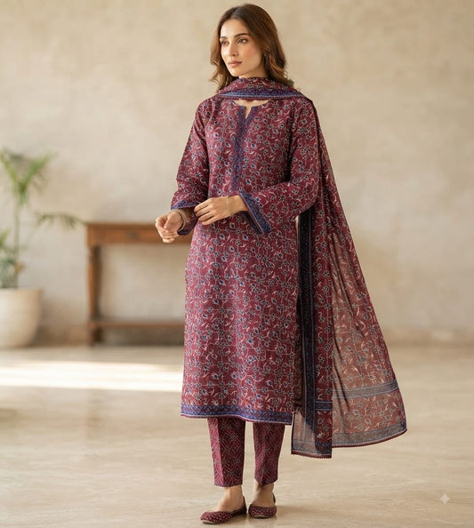 Stitch Lawn Suit – Maroon Floral Print