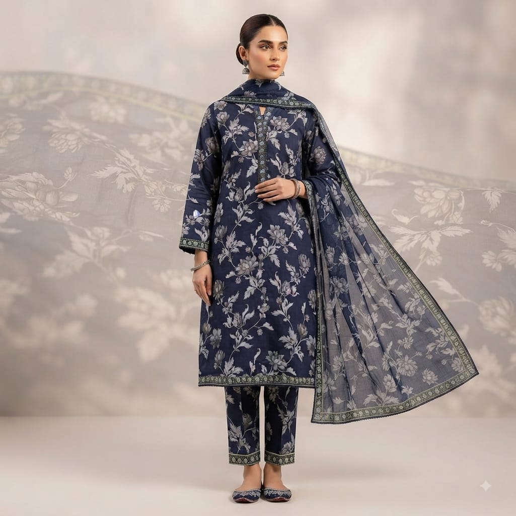 Midnight Botanical Pure Lawn 3-Piece Stitched Suit