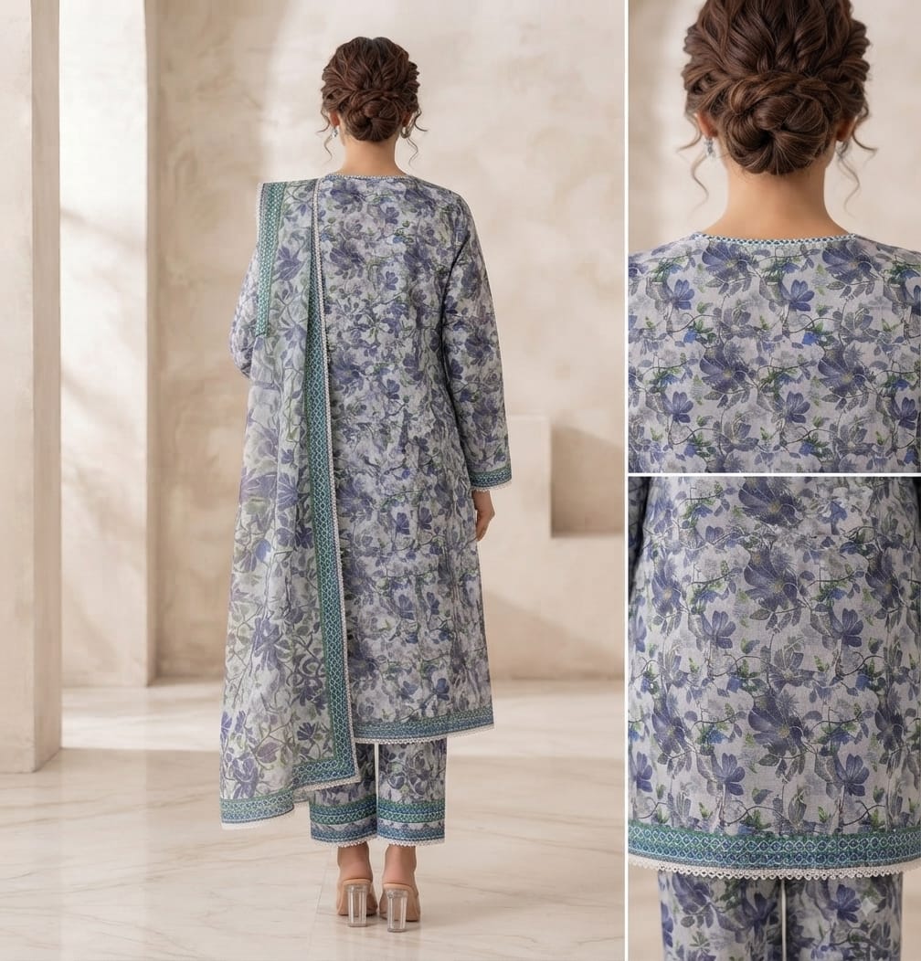 Slate Floral Printed Pure Lawn 3-Piece Stitched Suit