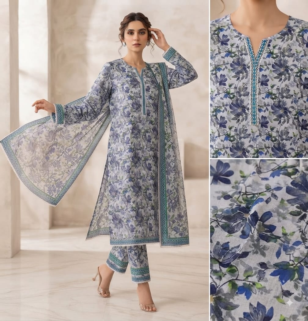 Slate Floral Printed Pure Lawn 3-Piece Stitched Suit