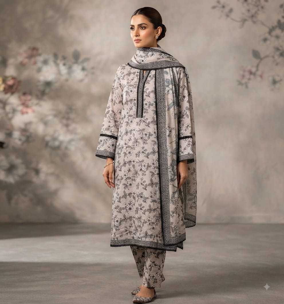 Monochrome Floral Printed Pure Lawn 3-Piece Stitched Suit