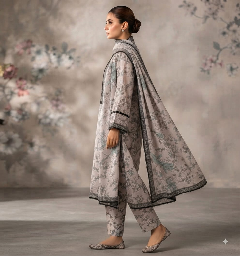 Monochrome Floral Printed Pure Lawn 3-Piece Stitched Suit