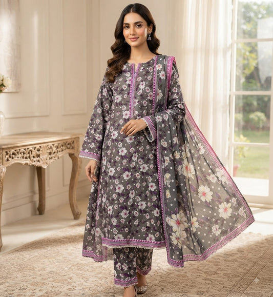 Charcoal Blossom Printed Pure Lawn 3-Piece Stitched Suit