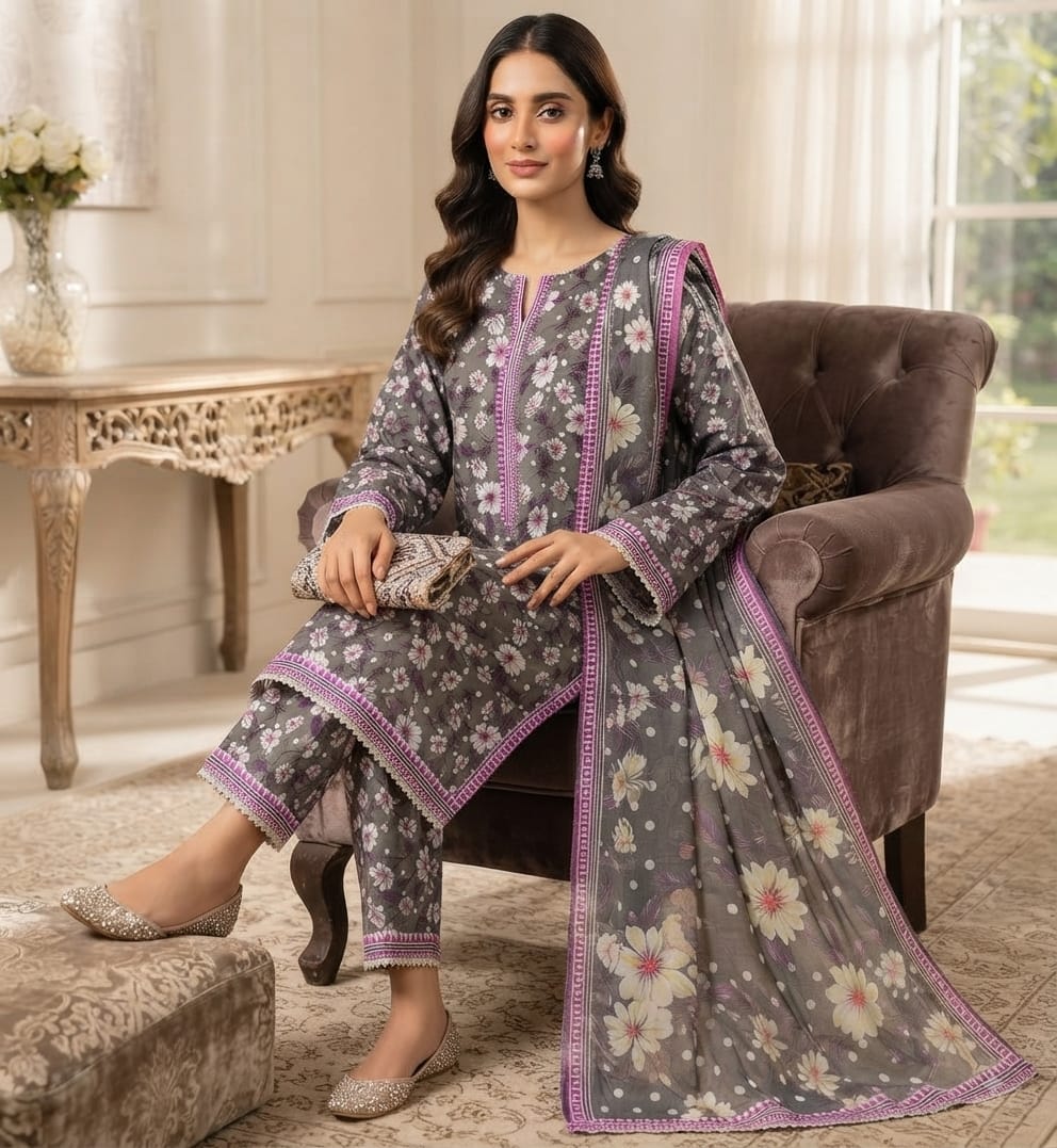 Charcoal Blossom Printed Pure Lawn 3-Piece Stitched Suit