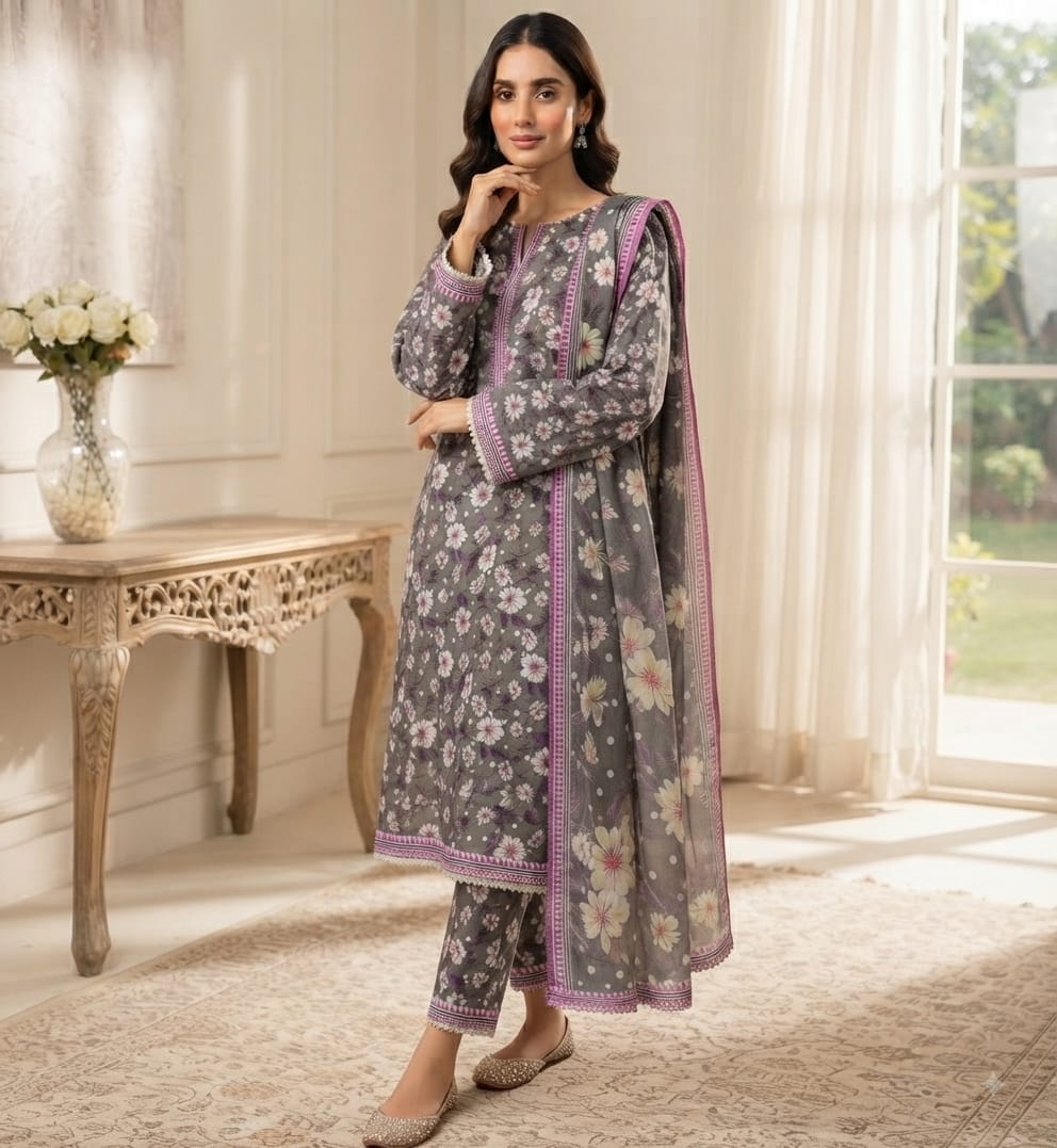 Charcoal Blossom Printed Pure Lawn 3-Piece Stitched Suit