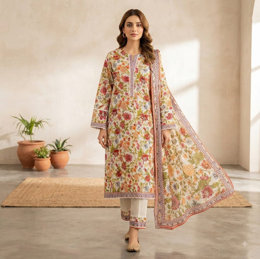 Ivory Bloom Printed Pure Lawn 3-Piece Stitched Suit