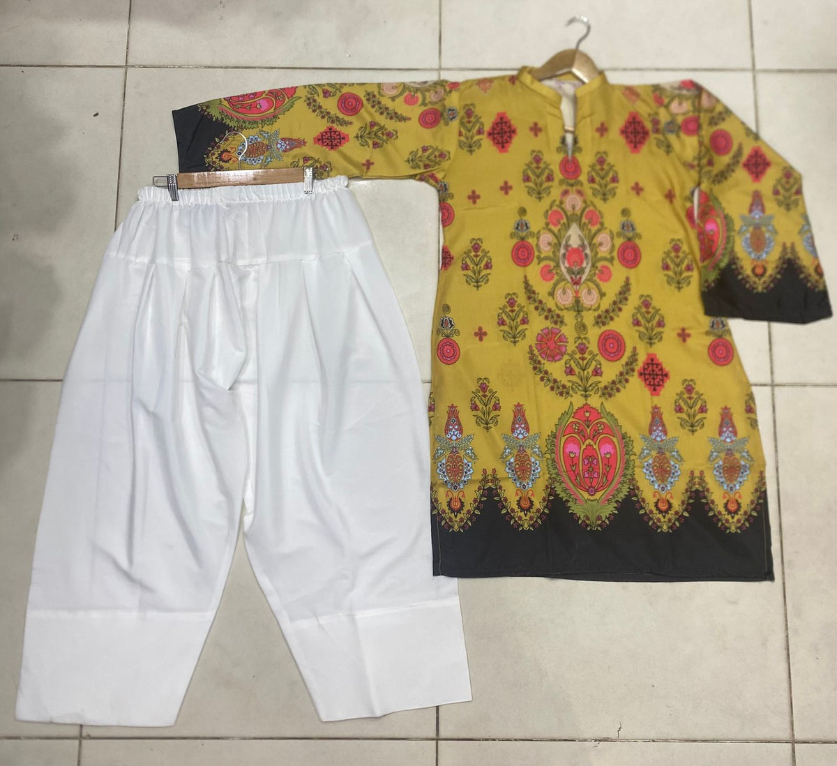 Mustard Floral Printed Kurta with Farshi Shalwar for Women | Elegant Casual & Festive Wear