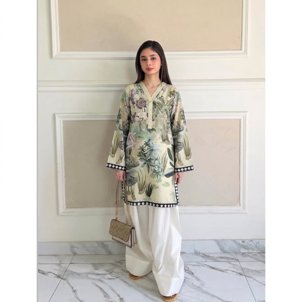 Premium Swiss Lawn Digital Printed Kurti with Classic Farshi Shalwar Set – 2-Piece