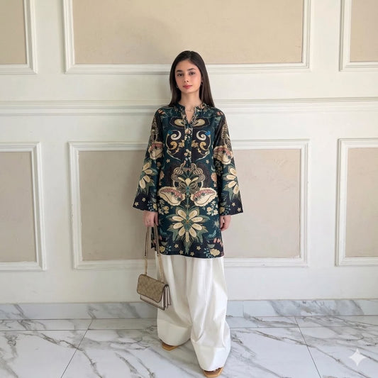 Premium Swiss Lawn Digital Printed Kurti with Classic Farshi Shalwar Set – 2-Piece