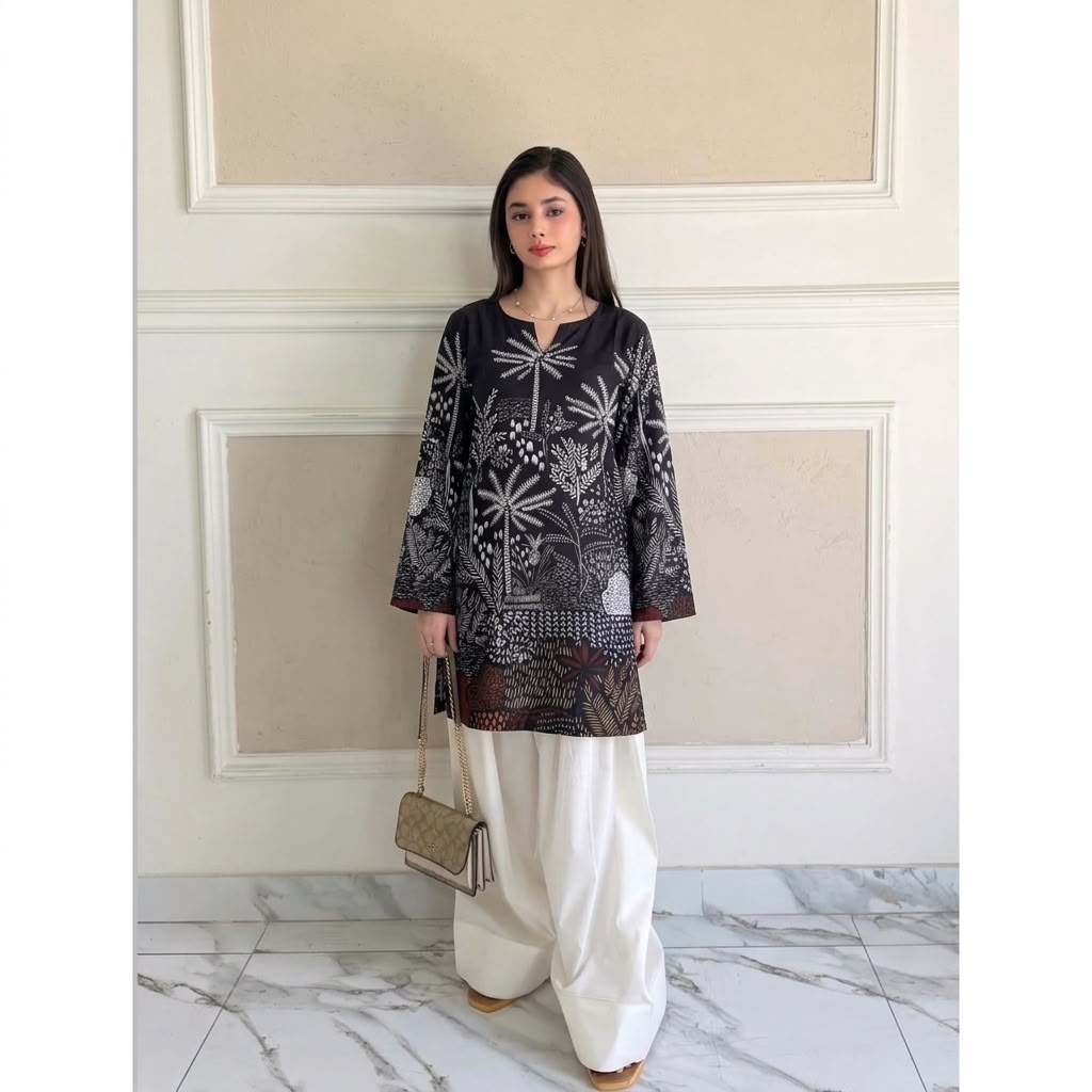Premium Swiss Lawn Digital Printed Kurti with Classic Farshi Shalwar Set – 2-Piece