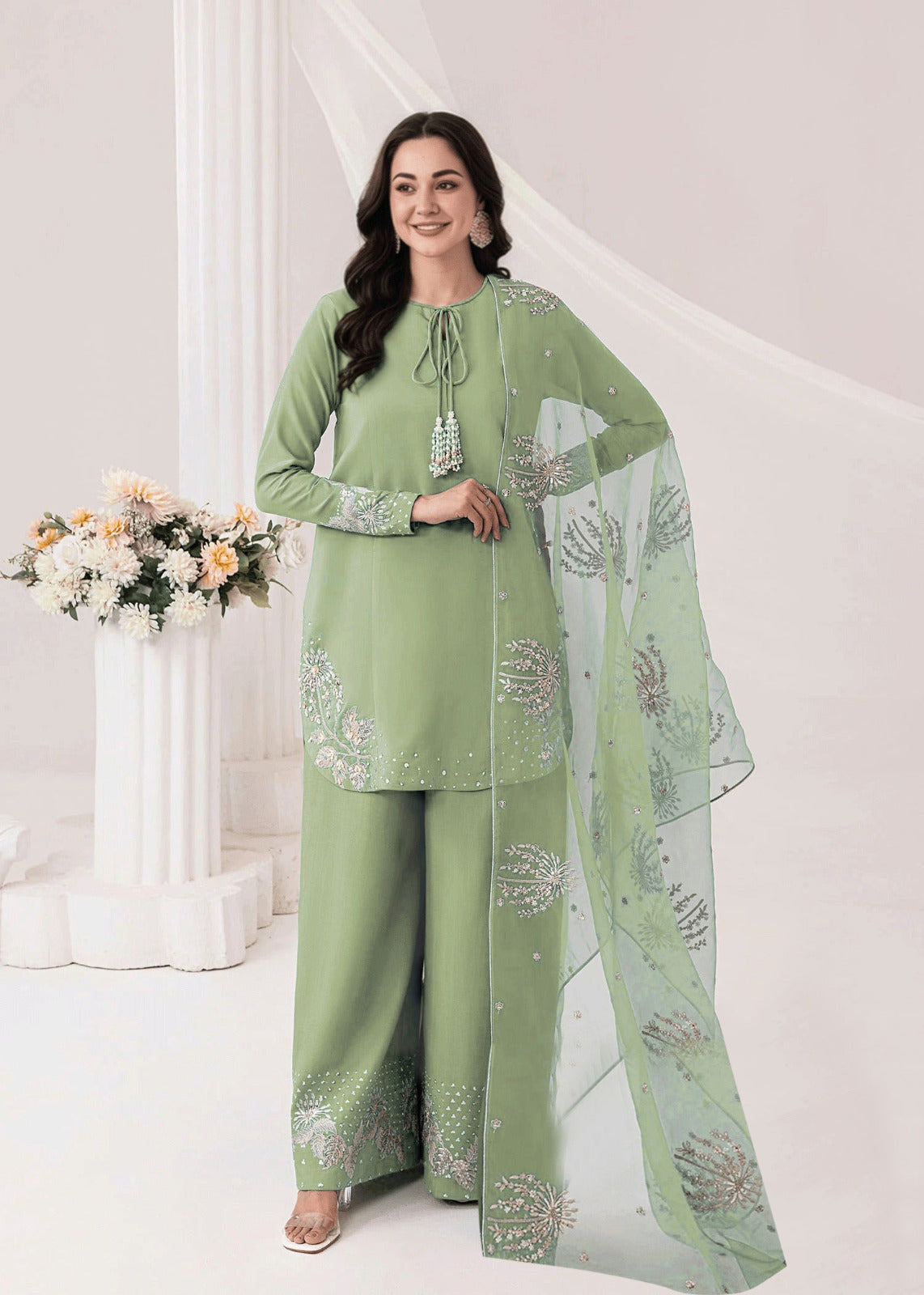 Elegance Personified — 3-Piece Pure China Raw Silk Suit with Heavy Sequence Embroidery