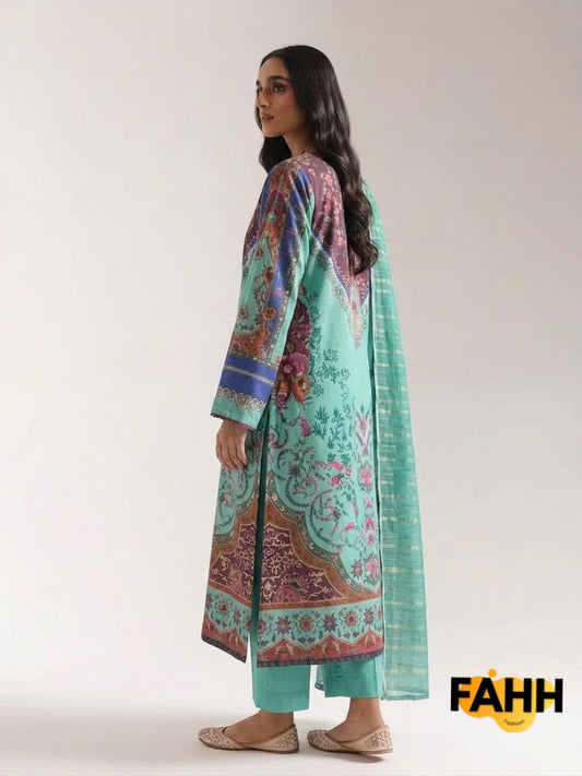 Sea-Green & Plum Traditional Tapestry Printed Long Lawn Frock with Dupatta – 3 Piece
