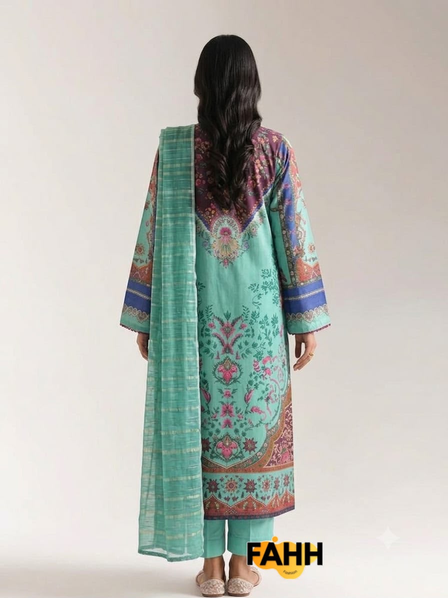 Sea-Green & Plum Traditional Tapestry Printed Long Lawn Frock with Dupatta – 3 Piece