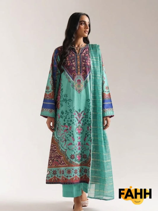 Sea-Green & Plum Traditional Tapestry Printed Long Lawn Frock with Dupatta – 3 Piece