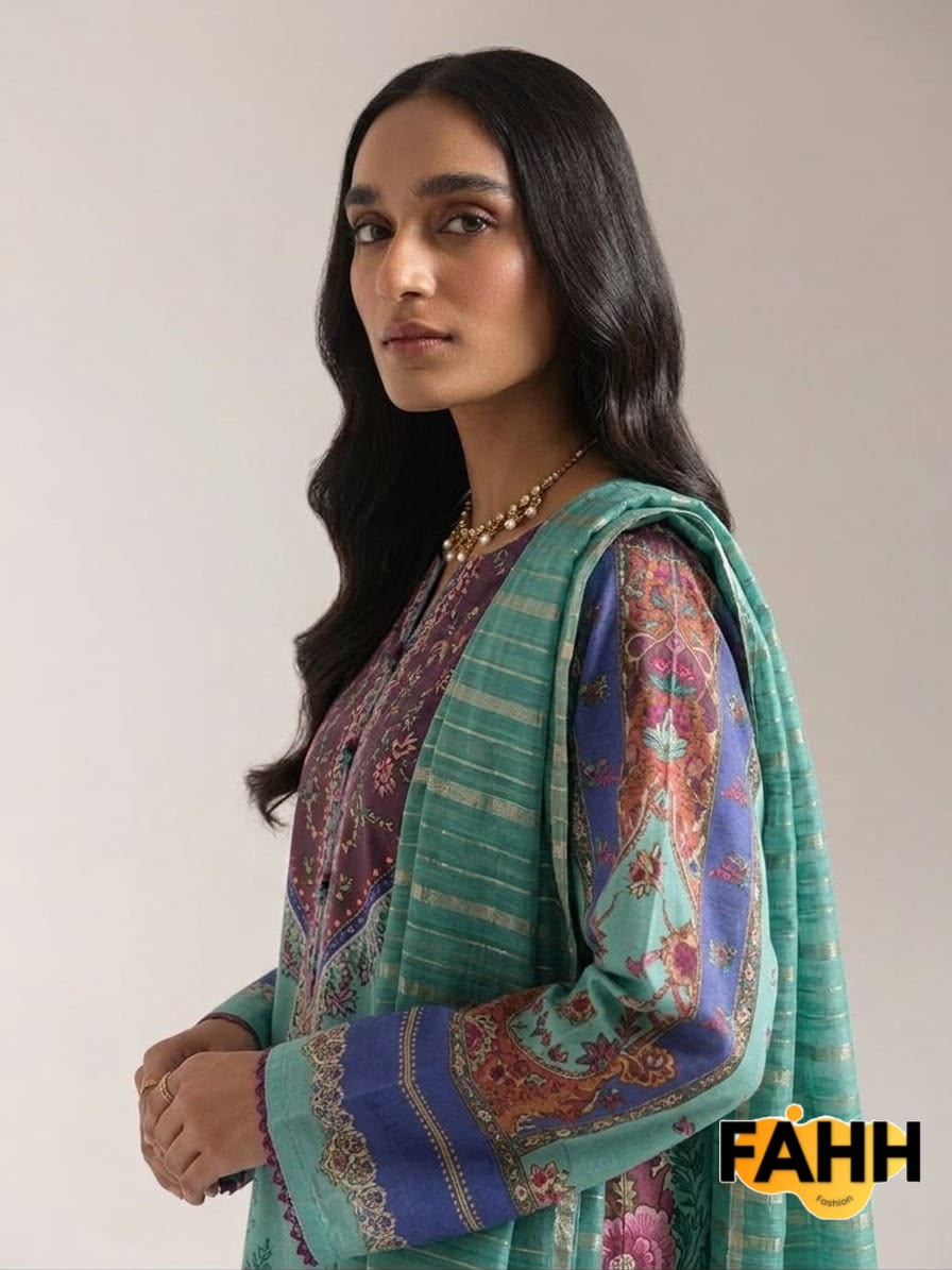 Sea-Green & Plum Traditional Tapestry Printed Long Lawn Frock with Dupatta – 3 Piece