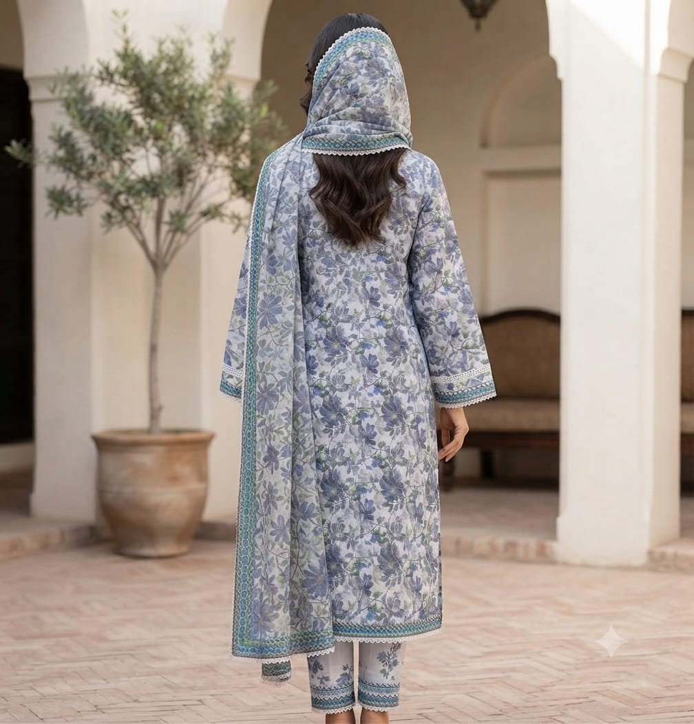 Slate Floral Printed Pure Lawn 3-Piece Stitched Suit