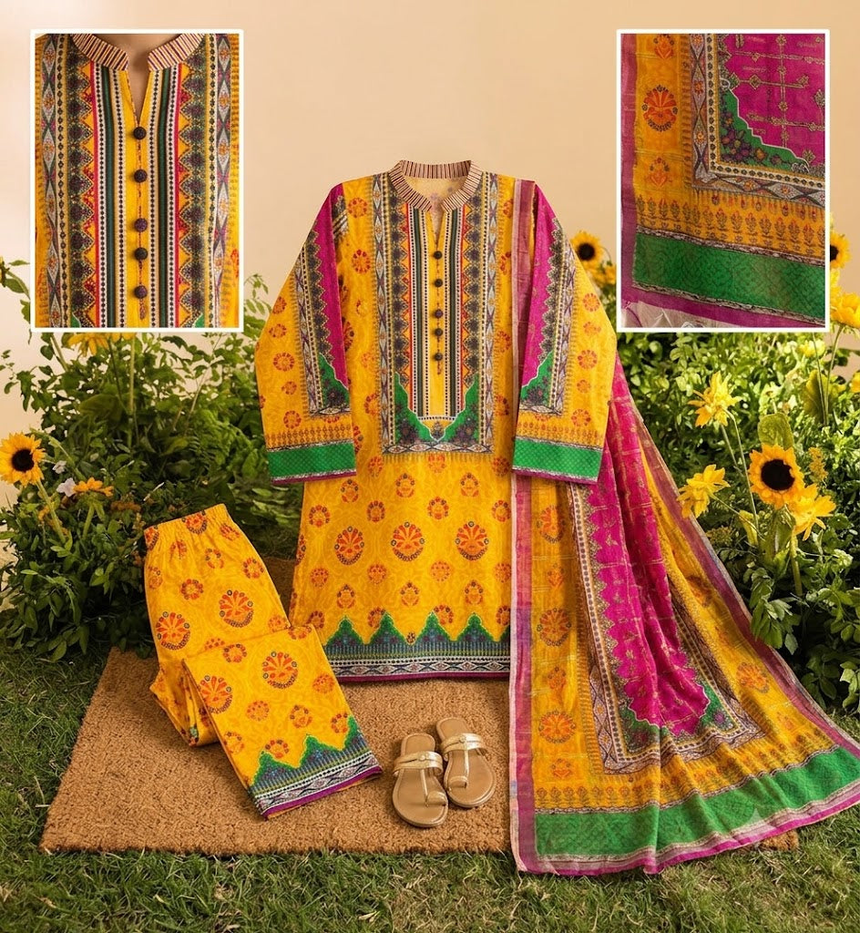 Premium Swiss Lawn 3-Piece Floral & Geometric Printed Suit – Mustard Yellow & Magenta
