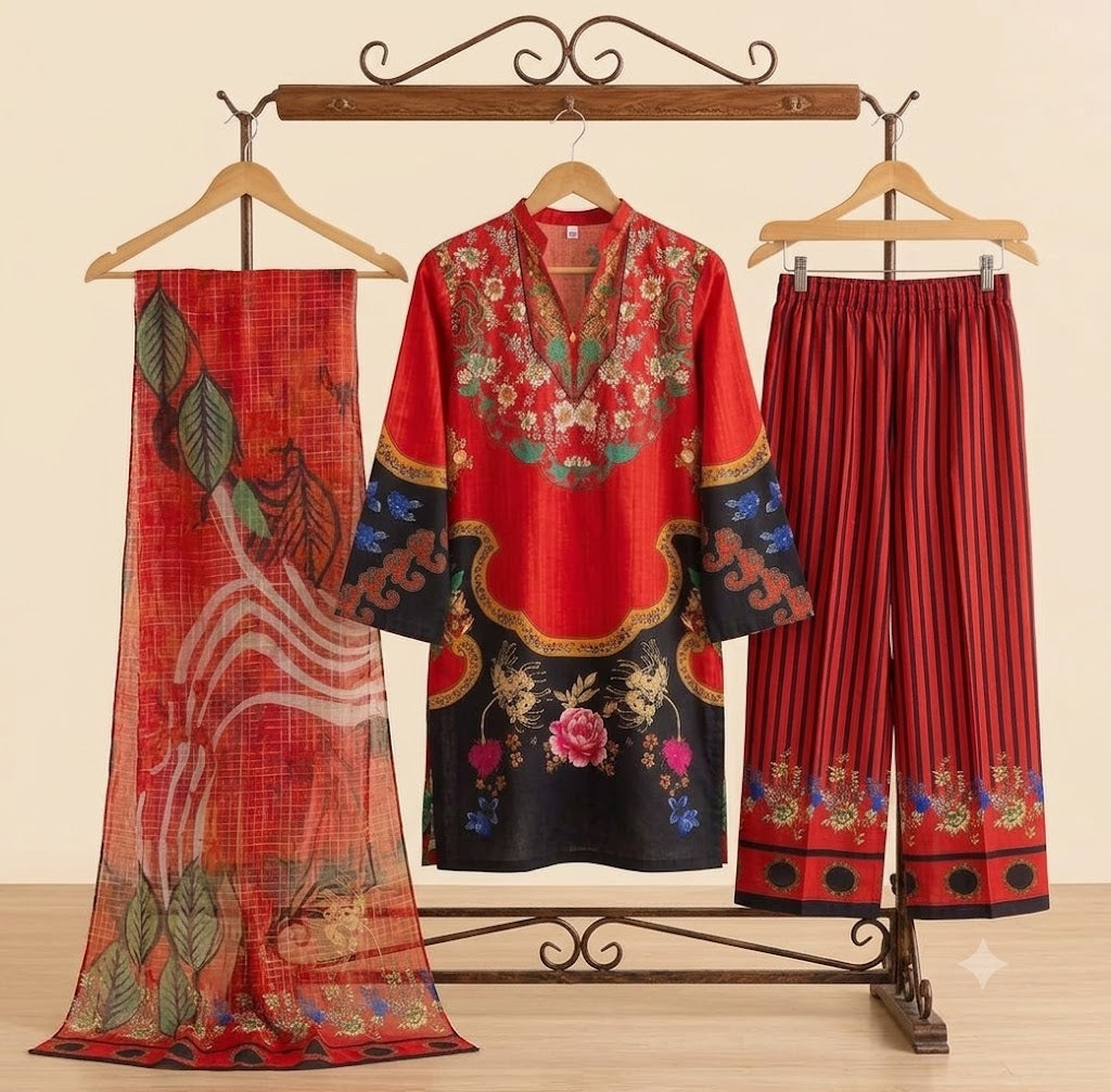 Premium Swiss Lawn 3-Piece Red & Black Floral Printed Suit with Dupatta